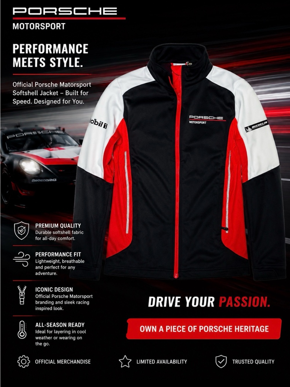 - PORSCHE MOTOSPORT SOFT SHELL WIND BREAKER MEN S JACKET SIZE XL